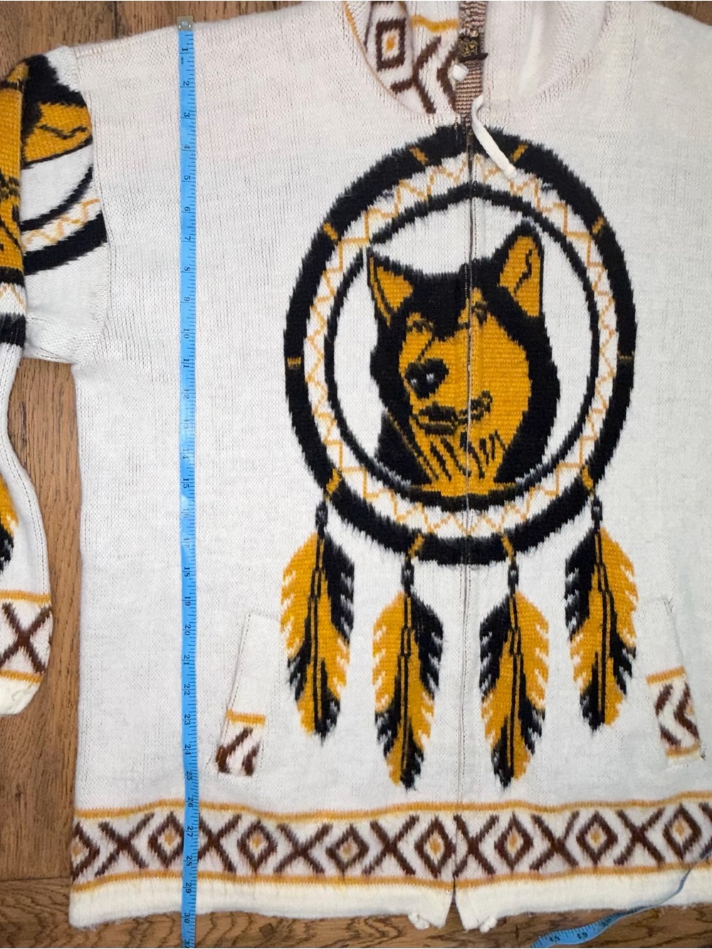 Vintage 90s Tejidos Imalaya Wool Wolf Dreamcatcher Hooded Full Zip Sweater L/XL - Picture 10 of 12